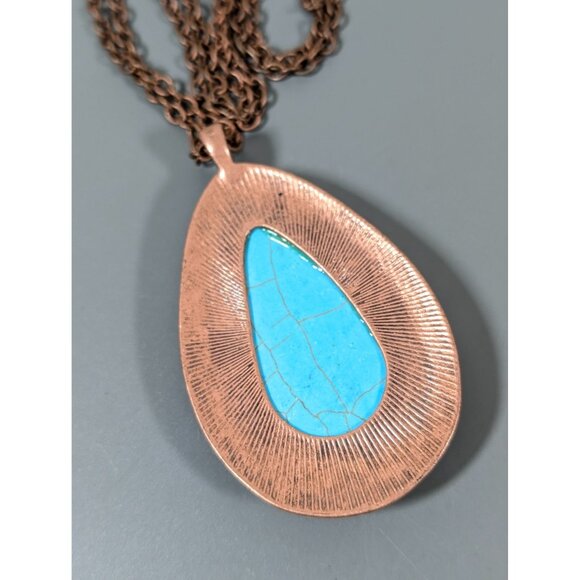 Copper Tone Faux Turquoise Teardrop Stone Cabochon Long Statement Neckalce 38" - Picture 6 of 7